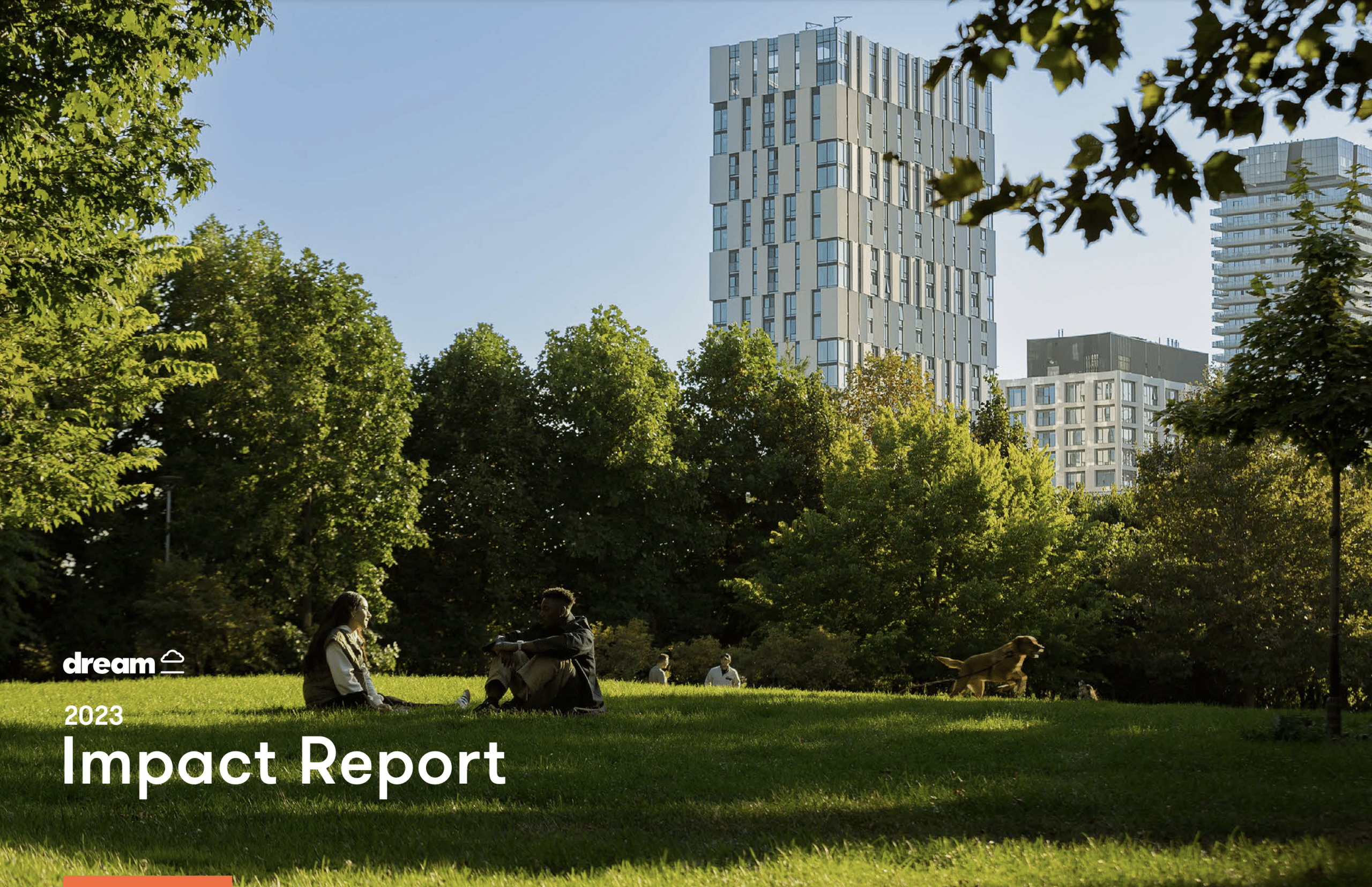 Park scene with two people sitting on green grass, a dog running in the background, and tall buildings in the distance under a clear blue sky, featuring the text "dream 2023 Impact Report